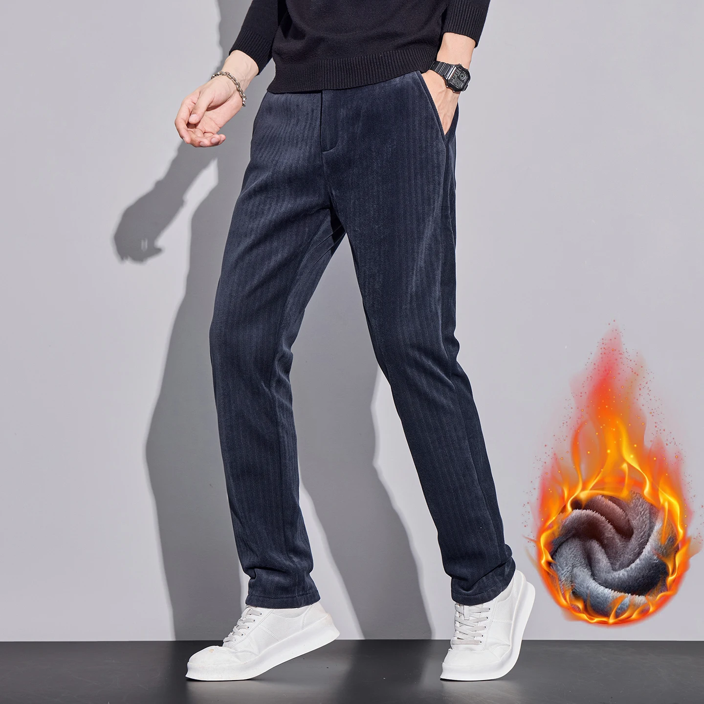 

Winter New Men's Corduroy Fleece Casual Pants Warm Thick Classic Fashion Straight Plush Velvet Trousers Brand Clothing Male