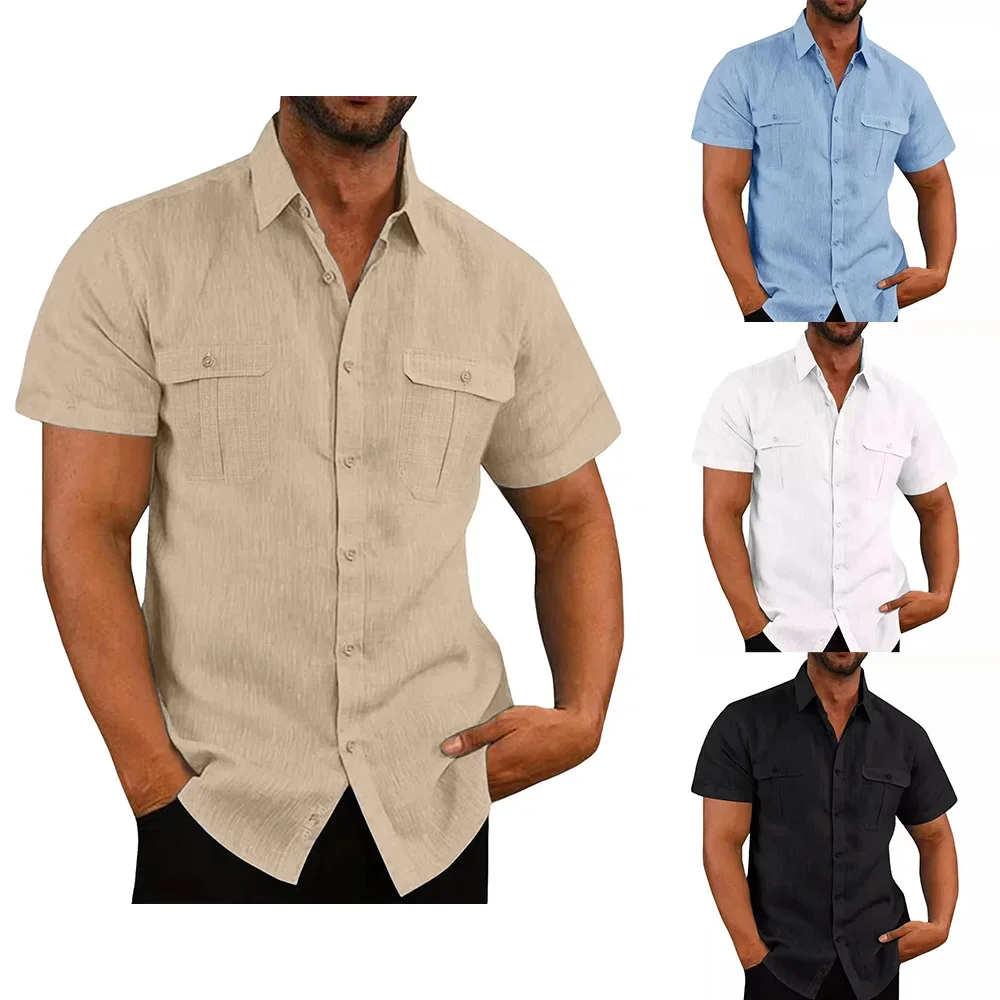 Herren-Oberteile aus Baumwolle und Leinen, doppelte Taschen, kurzärmelig, lässig, Urlaub, Strand, Wind, atmungsaktiv, einfach, einfarbig, schmal