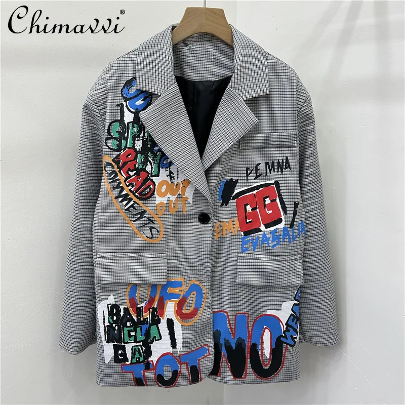 

2025 Autumn New Design Sense Niche Cartoon Graffiti Fried Street Plaid Loose Suit Hong Kong Style Fashion Jacket For Women