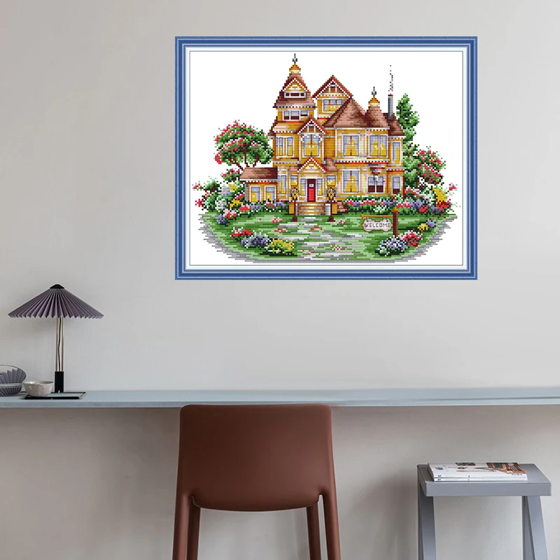 Joy Sunday 11/14CT Embroidery Painting Garden Villa Landscapes Cross Stitch Kits DMC Printed Canvas DIY Handmade Home Decoration