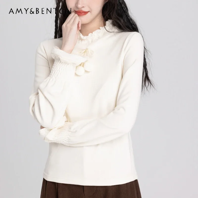 2024 New Autumn with Sweet Lace Top White Brown German Velvet Bottoming Shirt For Women