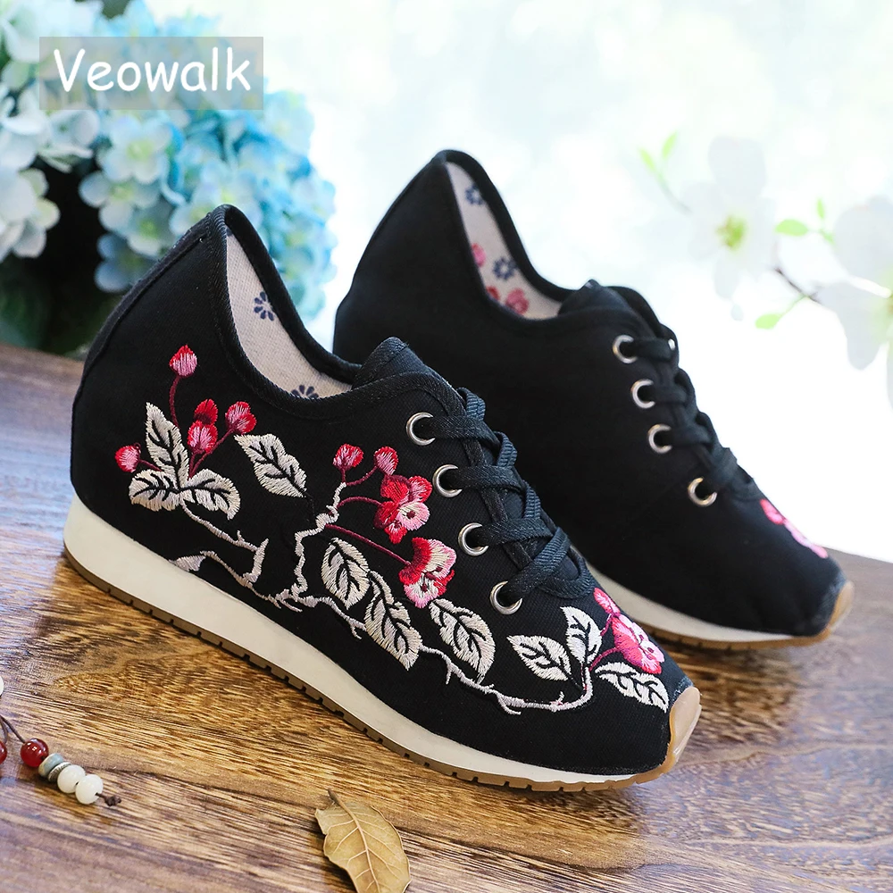 Veowalk Leaves Embroidered Women Canvas Sneakers, Low Top Lace Up Ladies Hidden Platform Casual Shoes Embroidery Creepers