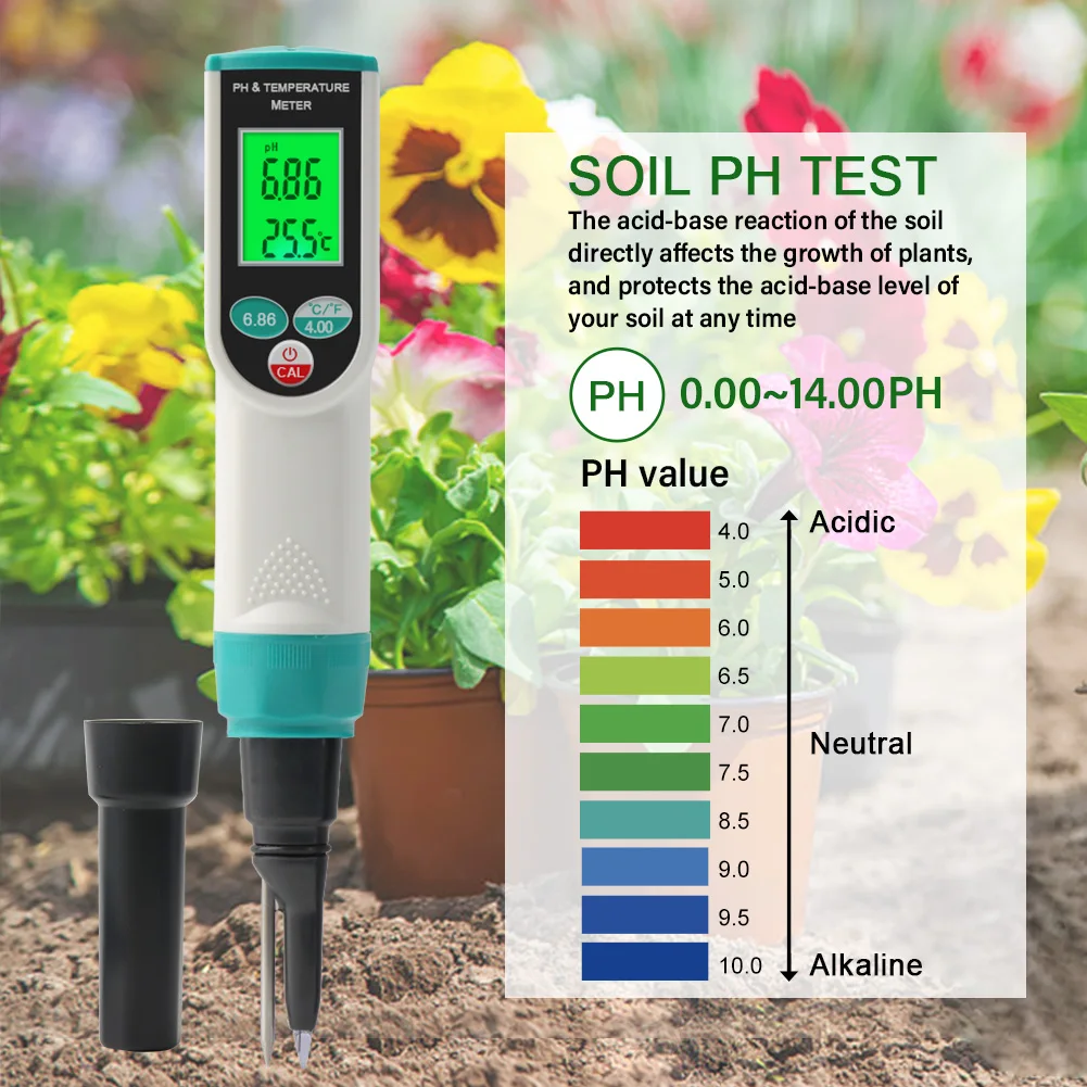 Medidor de PH del suelo de alta precisión 0,00 ~ 14.00pH Digital Temp acidez Analizador de Sensor de probador de suelo para plantación al aire libre