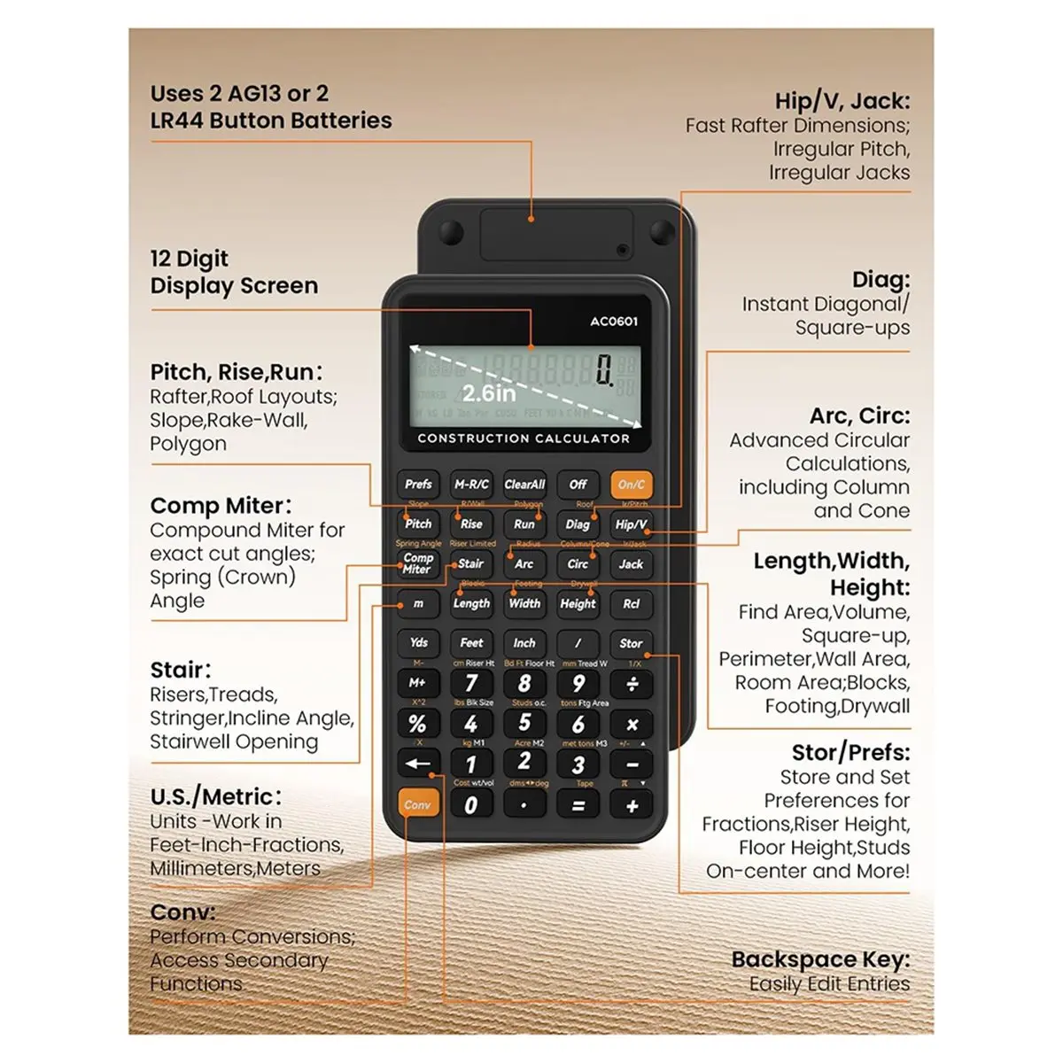 Construction Calculator with Writing Tablet Industrial Scientific Engineering Calculator for Contractor Concrete