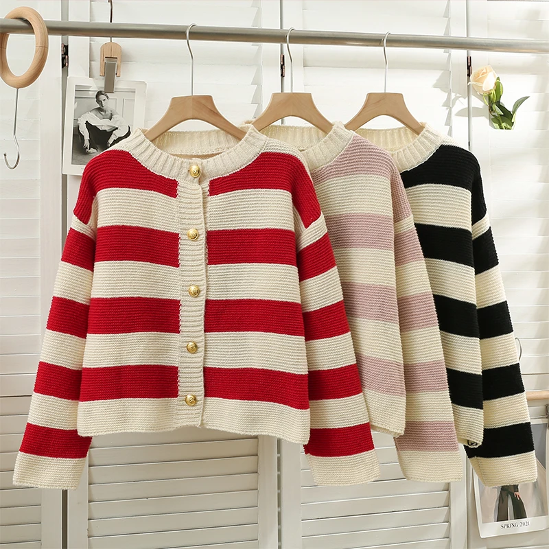 

Retro Striped Long Sleeve Sweater Knit Women Autumn Winter 2023 Single Breasted O-Neck Shirt Top Loose All-Match Jacket Trend