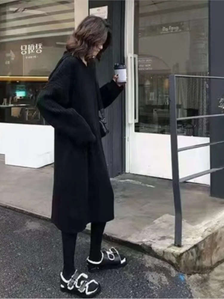 2025 Thickened Hooded Knitted Dress Long Straight Loose Casual Base Shirt Spring Autumn Winter Full Sleeve Ankle Length Dress