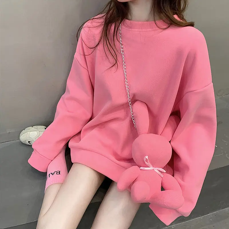 

DAYIFUN-Pink Round Neck Hoodies for Women Thick Medium Length Sweatshirts with Rabbit Decoration Female Casual Long Sleeve Tops