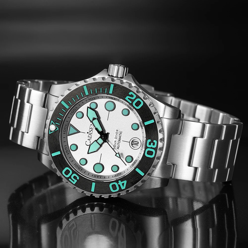 CADISEN AQUA DIVER العلامة التجارية الجديدة الفاخرة الرجال الساعات ساعة أوتوماتيكية اليابان TMI NH35A 100 متر مقاوم للماء مضيئة ساعة اليد الميكانيكية