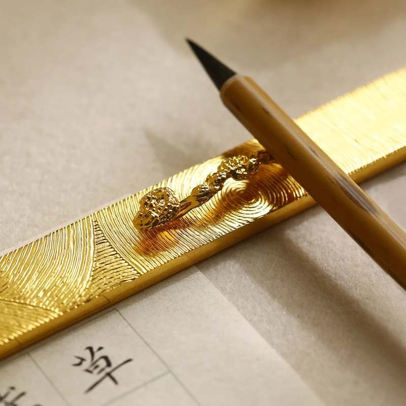 Gold Pattern Solid Brass Paperweight Ruler with Pen Rest for Calligraphy Traditional Chinese Paper Weight Retro Writing Tool