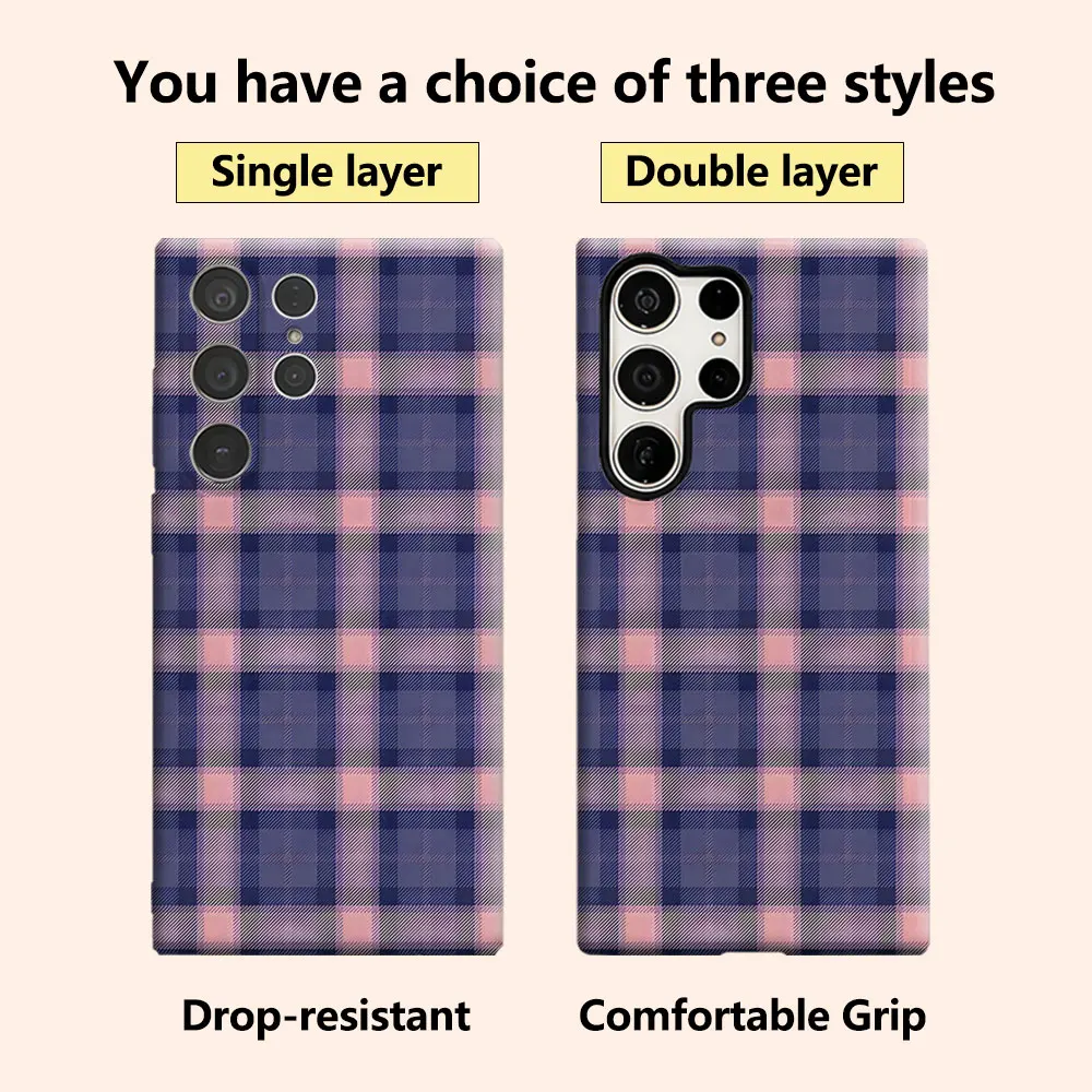 Blue Pink Plaid Luxury Fashion Full Lens Protective Case for Samsung Galaxy S26 S25 S24 A56 A36 Plus Ultra