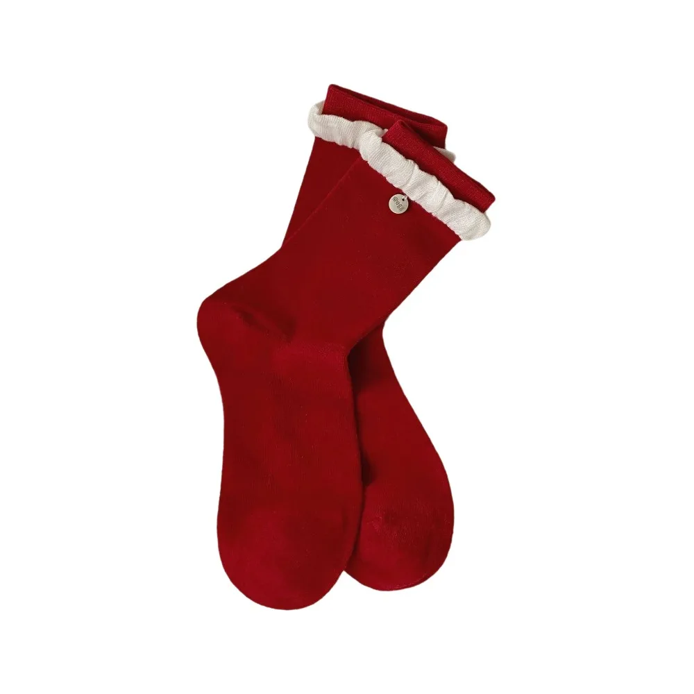 لطيف اللون الأحمر الحلو فتاة الجوارب طبقة مزدوجة مريحة منتصف أنبوب الجوارب القطنية الناعمة التراص الجوارب ارتداء اليومي