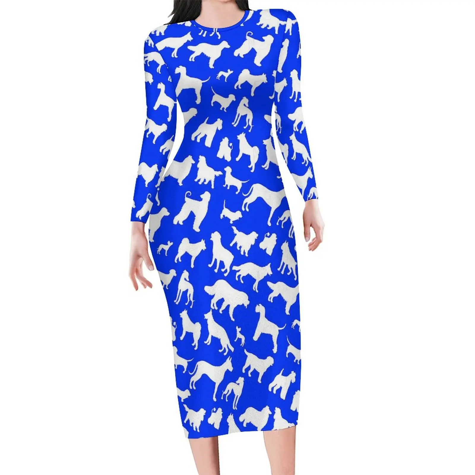 

Cute Dog Print Bodycon Dress Ladies Animal Retro Dresses Spring Long Sleeve Aesthetic Custom Dress Large Size