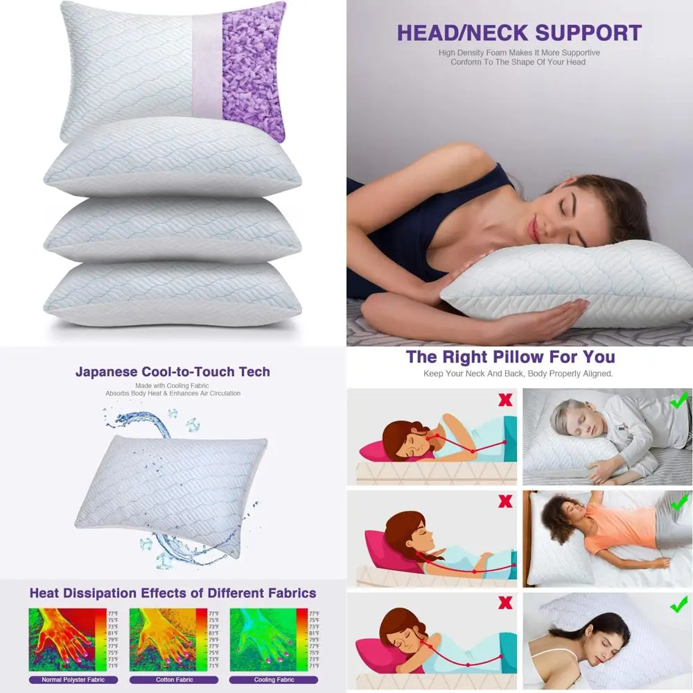 

Set of 4 King Size Cooling Pillows - Shredded Memory Foam with Zipper for Adjustable Firmness and Comfortable Sleep