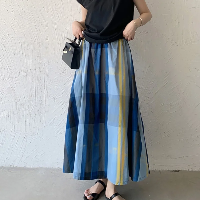 

Loose Fit Plaid Skirt Women's High Waist Long A-Line Midi Skirt Korean Sle Spring Autumn Season Elastic Waist Slimming