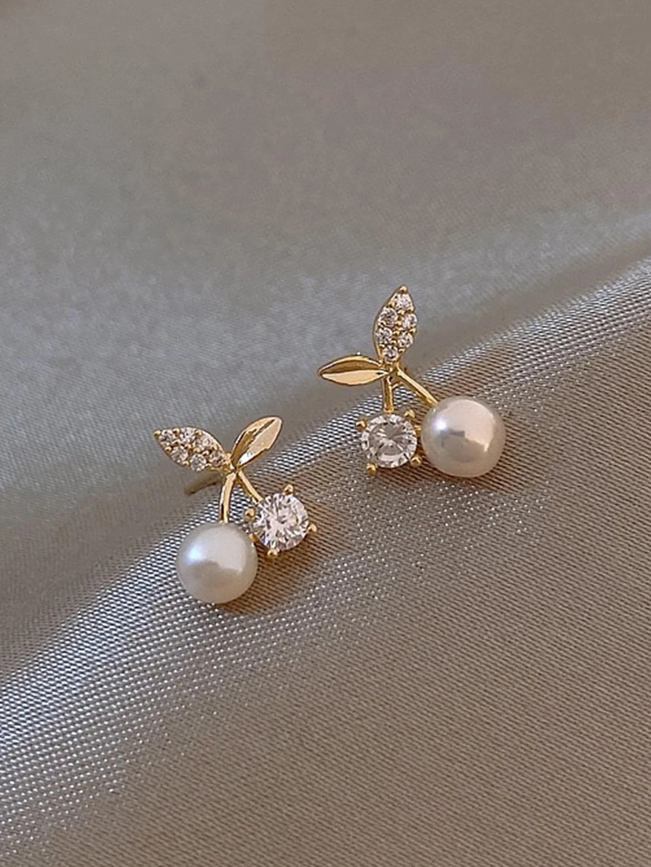

Elegant Cherry Stud Earrings with Pearl & Crystal, Gold Tone for Daily Wear