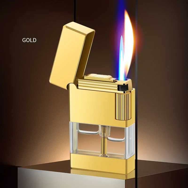 New Metal Transparent Oil Window Double Flame Lighter Butane Gas Windproof Personality Convenient Portable Lighter Gift For Men