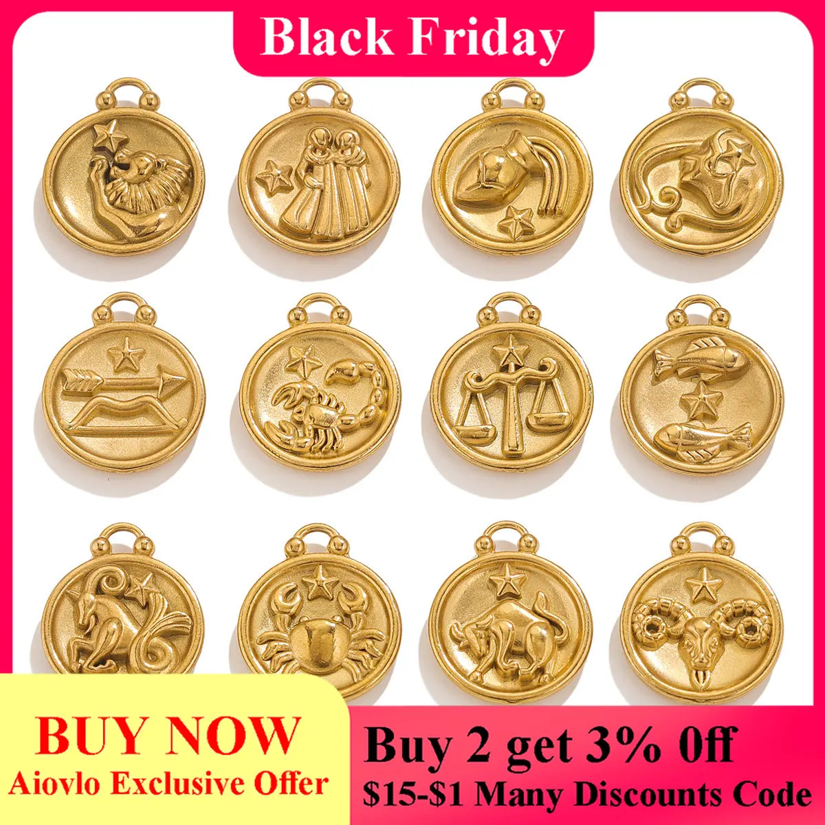 

5Pcs Stainless Steel Fine Zodiac PVD18K Gold Pendant DIY Necklace Jewelry Accessories Aries Libra Capricorn Aquarius Pisces
