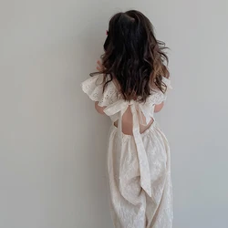 2025 New Summer 1-6Yrs Baby Girls Pants Kids Backless Flying Sleeve Lace Flower Cotton Embroidery Jumpsuit