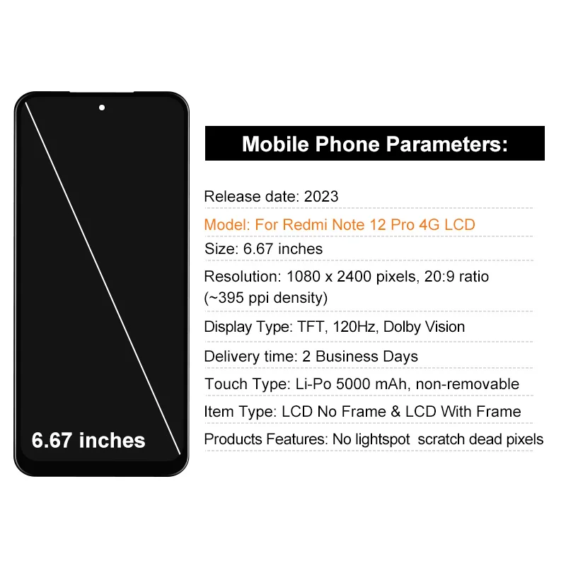 TFT Display For Xiaomi Redmi Note 12 Pro 4G LCD 2209116AG Touch Screen Digitizer Assembly For Redmi Note 12 Pro LCD Replacement