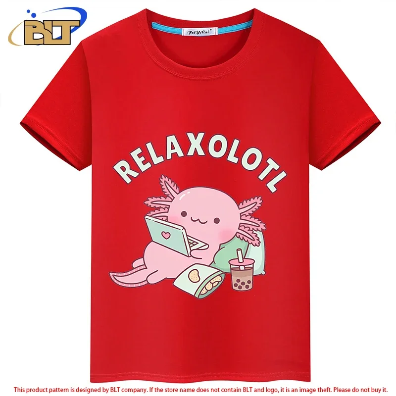 Cute Relax A Lot Axolotl Funny Pun Kids T-Shirt summer children\'s short-sleeved casual tops for boys and girls