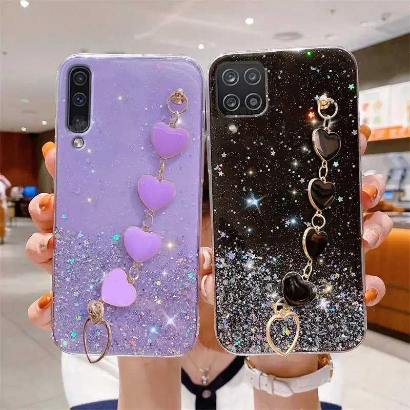 A 50 70 30 Love Heart Wrist Chain Glitter Case For Samsung Galaxy A50 A70 A30s A20 A30 A21s A20s A7 2018 Bracelet Silicone Cover