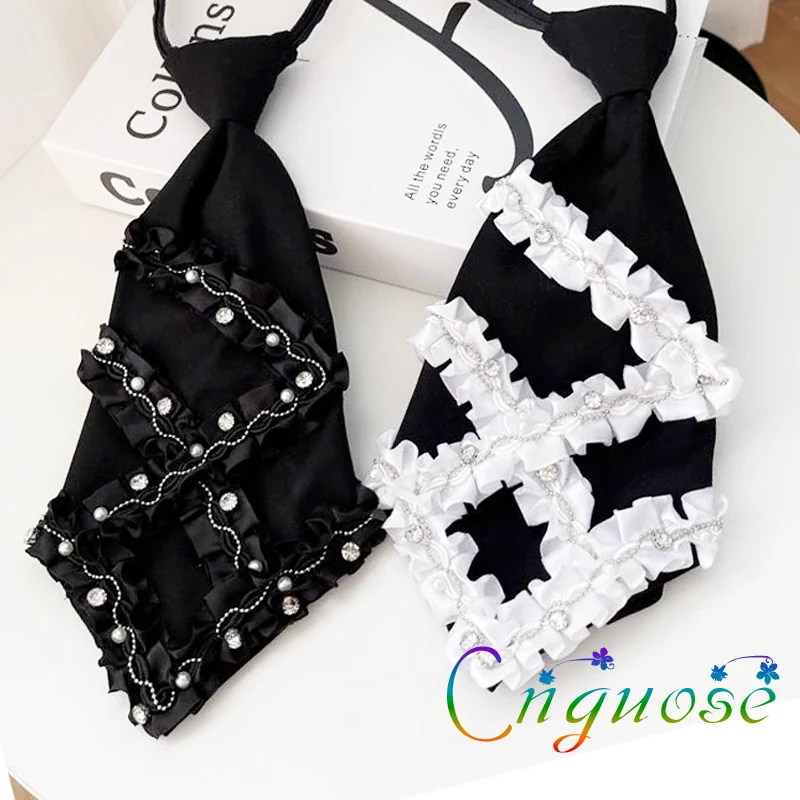 

2024 Korean Lolita style Black and White Lace Pearl Short Tie for Women JK versatile Female tie Girl's tie