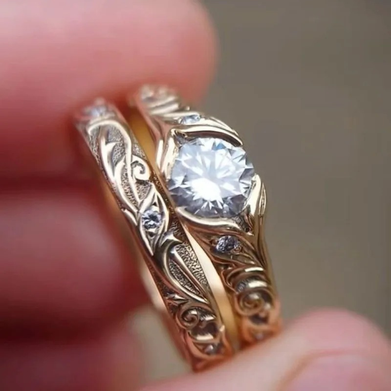 خواتم زهرة ذهبية اللون عتيقة للنساء عصرية مستديرة مرصعة بحجر أبيض مجموعة خواتم حفلات إبداعية شخصية مجوهرات #1