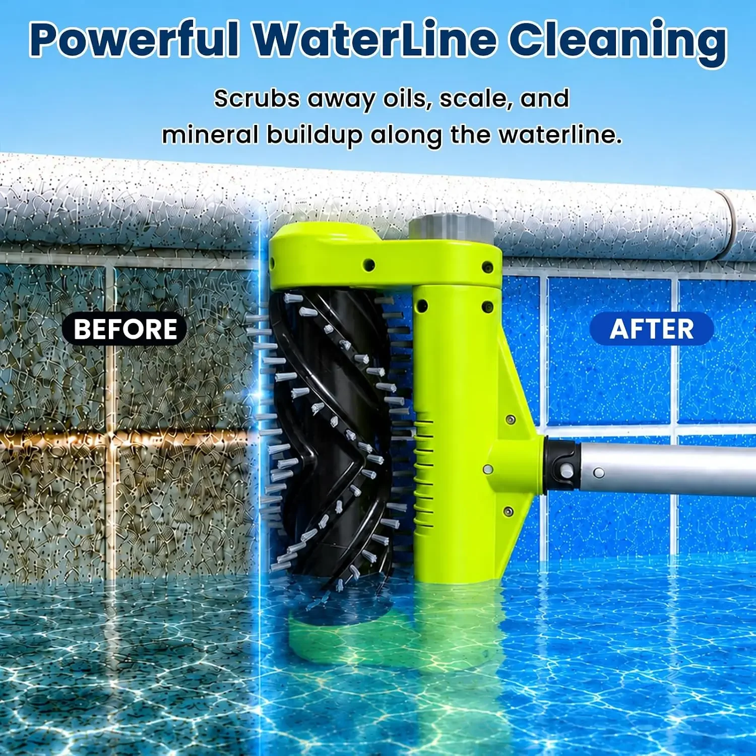 Electric Pool Brush Head, Cordless Motorized Pool Scrubber for Inground & Above Ground Pools, IPX8 Waterproof Shaftless Magnetic