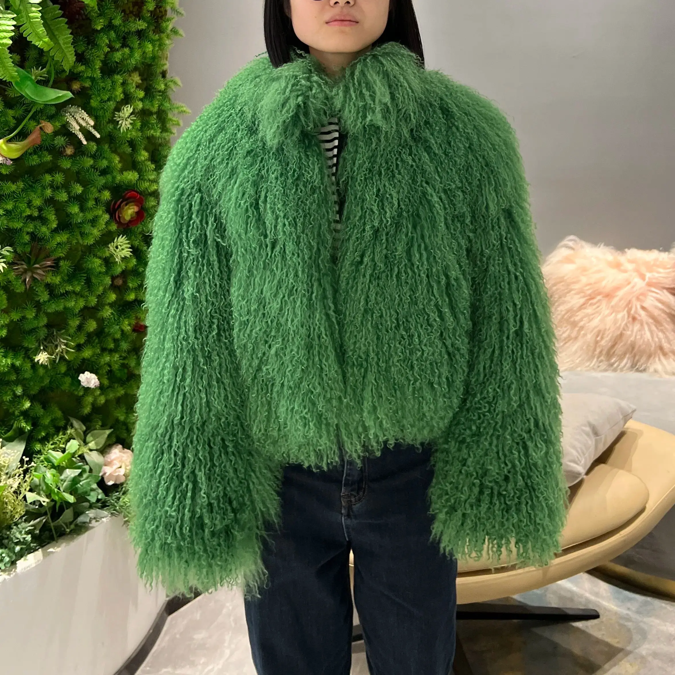 JANEFUR Short Sheep Fur Jacket Green Women 2024 Stand-Collar Warm Fashion Winter Real Mongolian Sheep Fur Coat