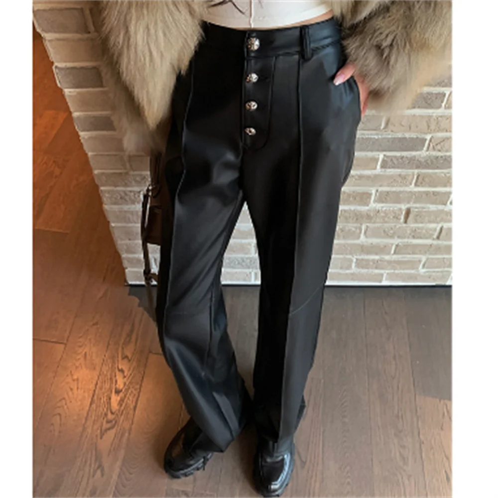 

PU Leather new Single-breasted buckle pants Straight thin casual pants