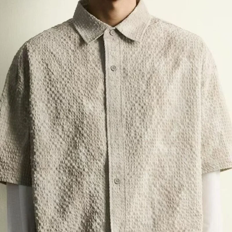 Retro Textured Print Loose Short Sleeve Men's Shirt New Autumn Collection Comfortable Breathable Polyester Fiber Button up