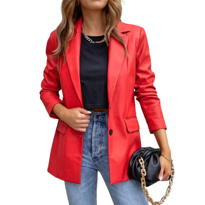 Neu im Pu-Mantel 2025, Kunstlederjacke, Herbst-Winter-Damen-Blazer mit doppelter Tasche und langen Ärmeln, einreihigem Umlegeblazer