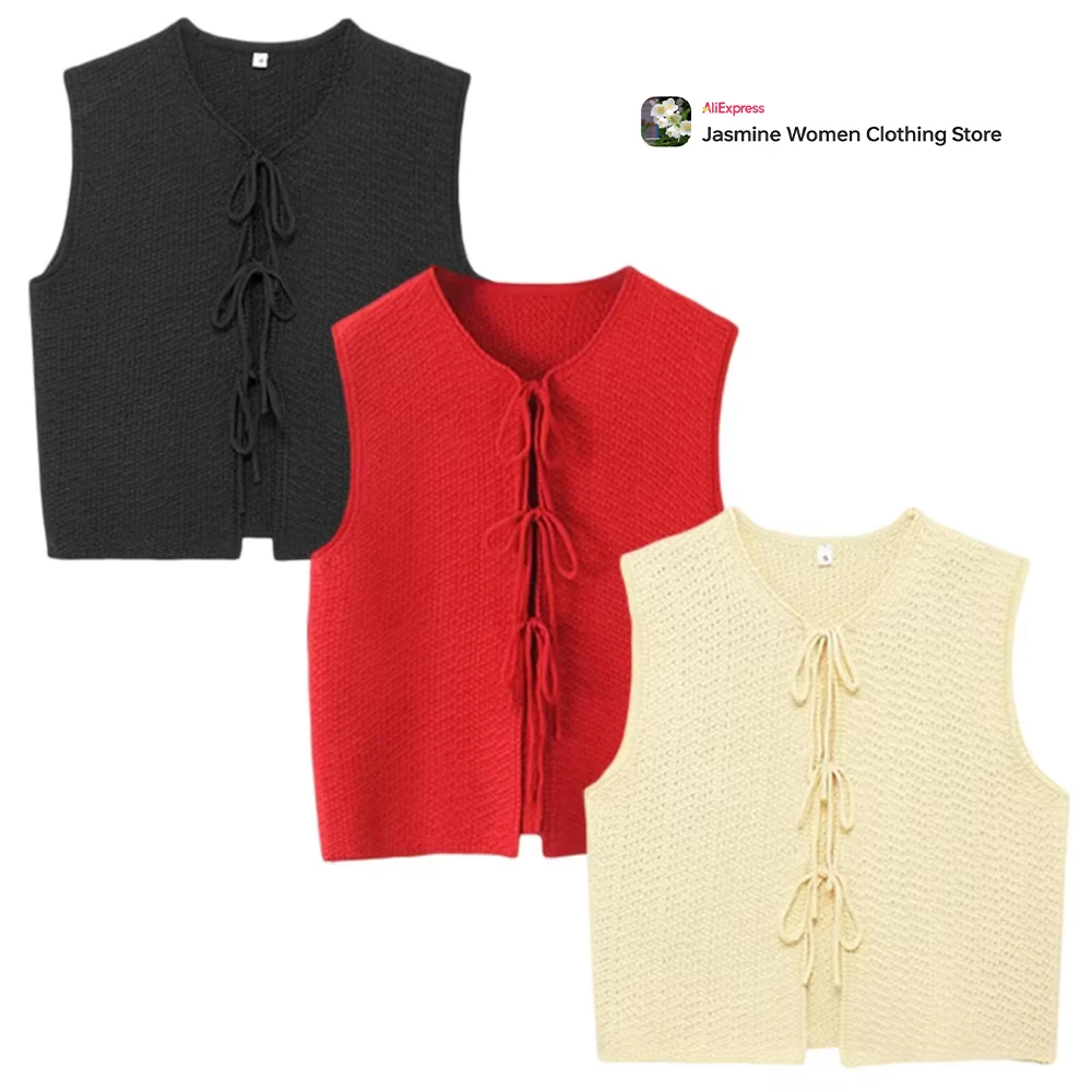 Elegant Chic Women Three Colors V-neck Sleeveless Knitted Tops Tanks & Camis Y2k Tops Vintage Summer Knitwear Front Knotted Bows