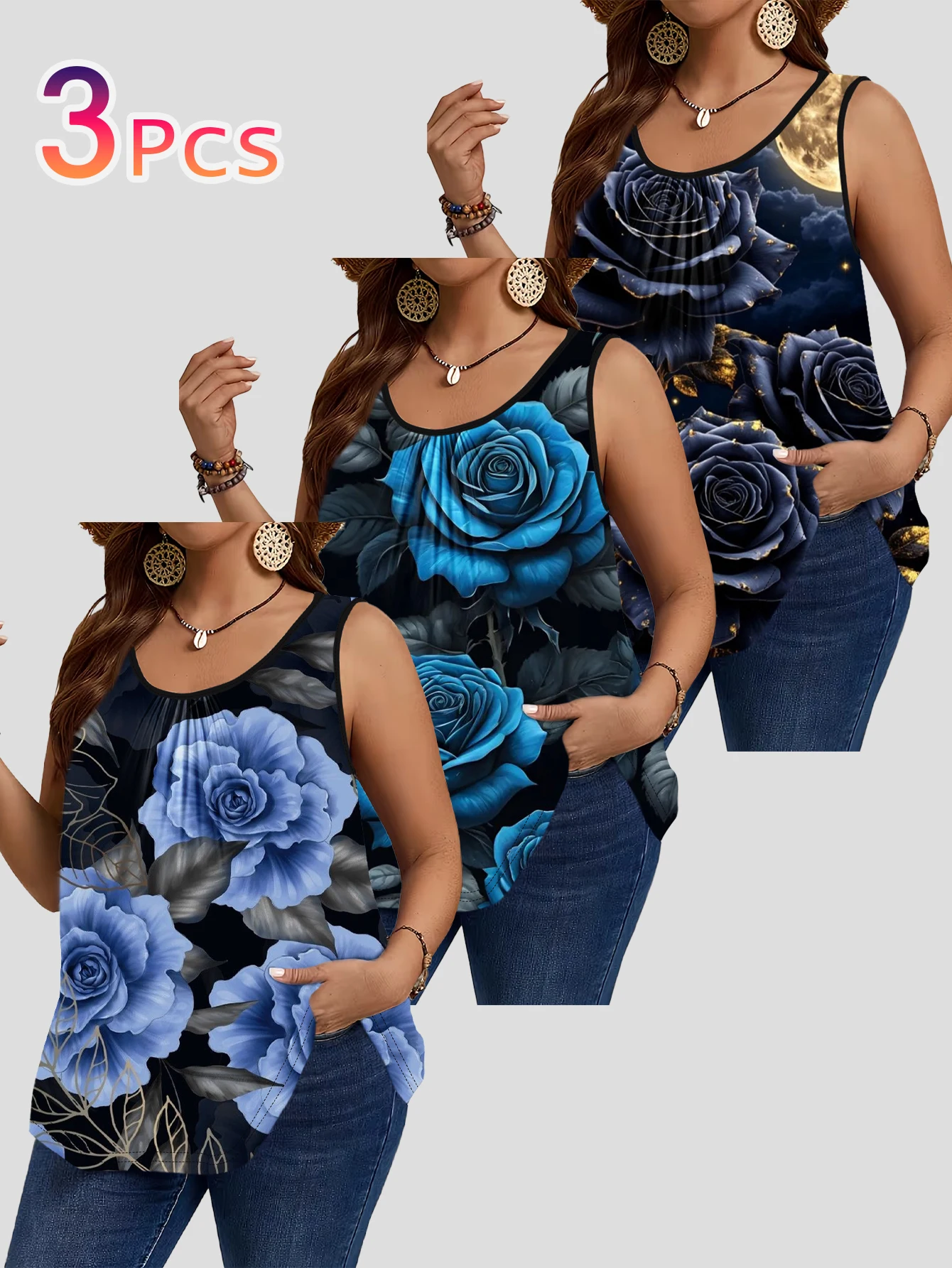 3-Piece Set of Plus-Size Women's Vests｜Vintage Light Luxury Moonlight Blue Rose Large Floral Art Print Loose-Fitting Slimming Round Neck Sleeveless Women's Top