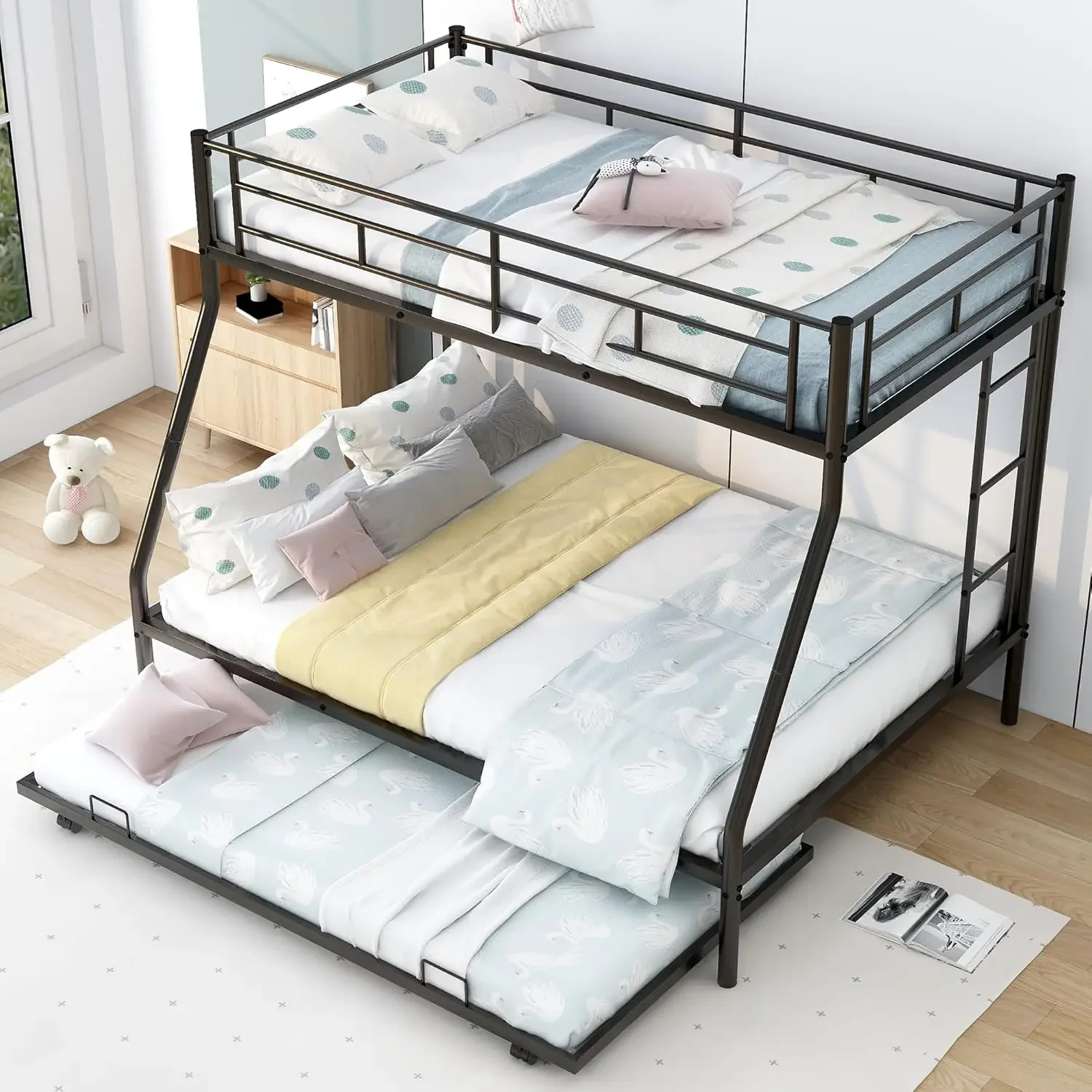 Twin Over Full Bunk Bed with Trundle,Sturdy Steel Bunk Beds Frame for 3 Kids/Teens with Two Side Ladders and Safety Guard Rai