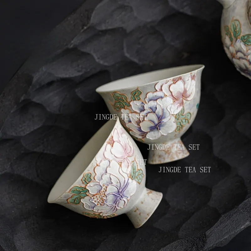 High‑Footed White Porcelain Teacup Embossed Peony Floral Pattern Gilded Outline Ceramic Tasting Cup Chinese Kung Fu Tea Ceremony