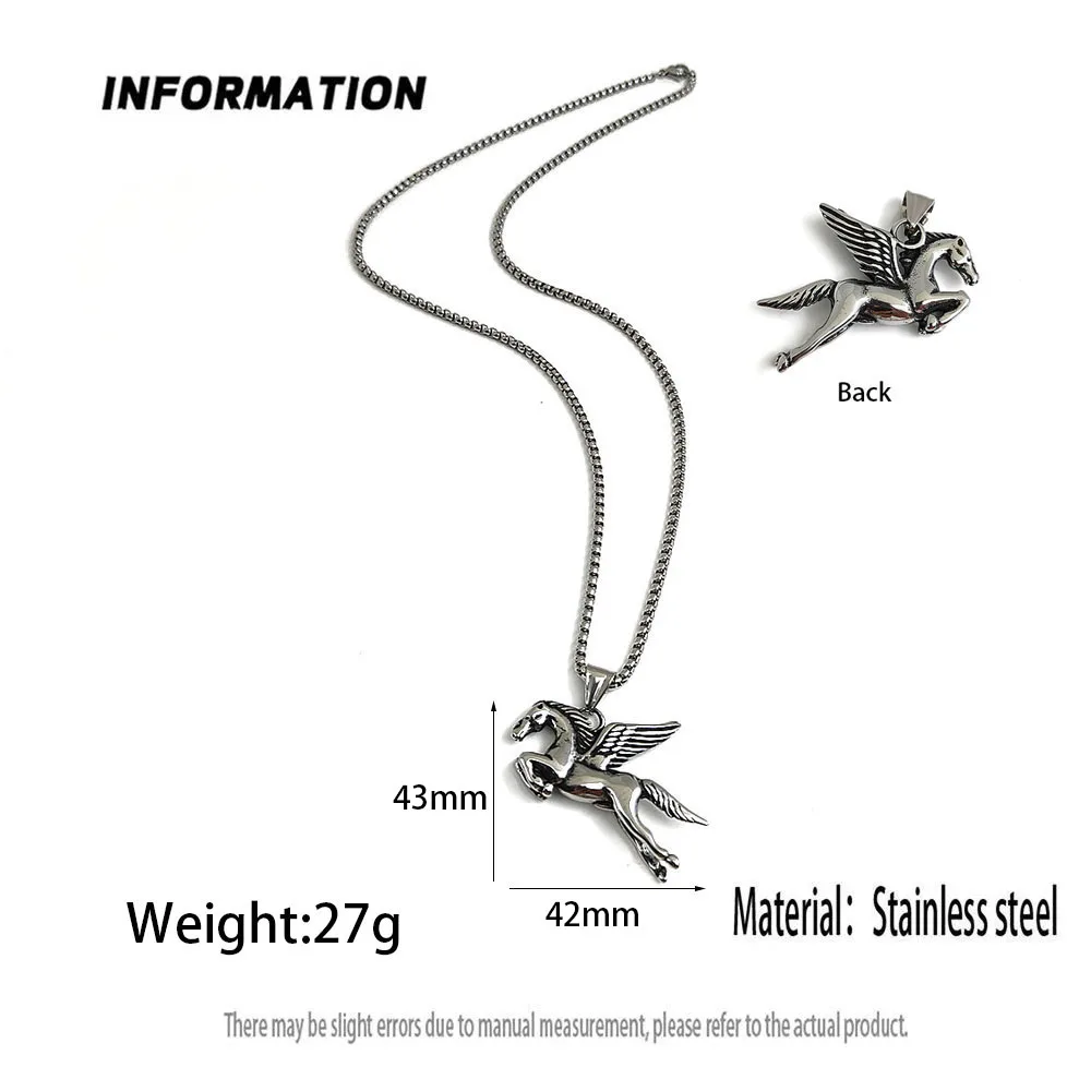 Men's 316L Stainless Steel Pegasus Winged Horse Pendant Necklace Vintage Box‑Chain Punk Biker Hip‑Hop Jewelry Gift for Guys