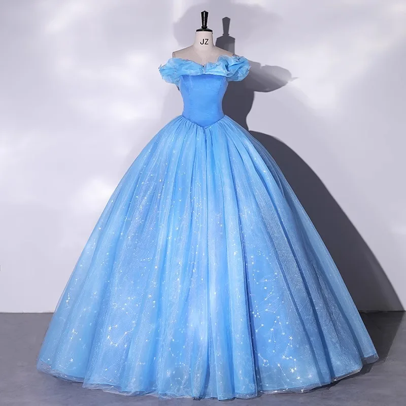 Glitter Blue Ball Gown Quinceanera Dresses Off-Shoulder Vestidos De 15 Anos Tulle Cinderella Birthday Party Pageant Gowns Stock