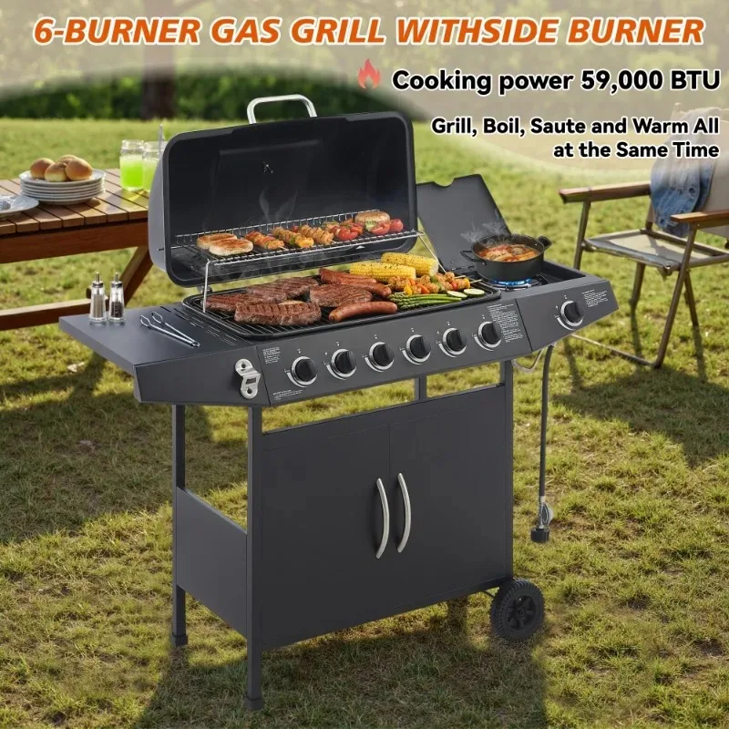6-burner Propane Gas Grill with Convenient Side Burners, 59,000 BTU Output, Stainless Steel Grill, Enamel-coated Grill Rack and Side Table, Excellent Thermal Conductivity. Suitable for Outdoor Cooking Kitchens and Patios/backyards.