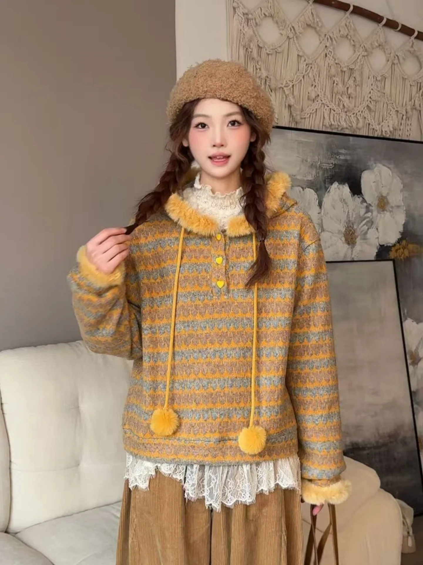 

Ретро-худи в корейском стиле для женщин: модная верхняя одежда на весну, осень и зиму, с длинными рукавами, круглым вырезом, удобная посадка