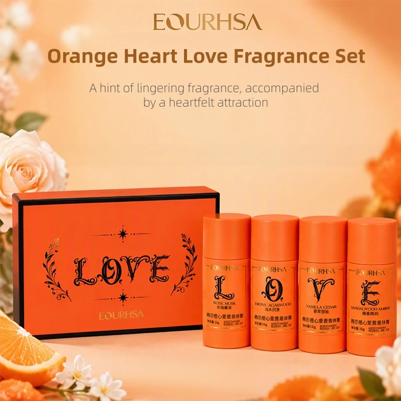 Orange Heart Love Fragrance Set, Featuring Oud, Rose Musk, Vanilla Cedar, Sandalwood Amber, Four Scents, Long-Lasting Fragrance, Portable, Suitable for Both Men and Women, Alcohol-Free Formula, Gift