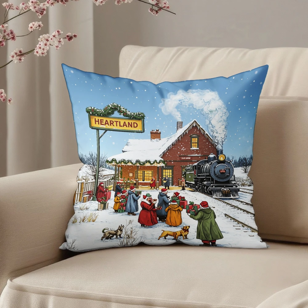 Square Throw Pillow Case Blue Vintage Christmas Train Station Heartland Sign Snowy Winter Scene Decor For Living Room Sofa
