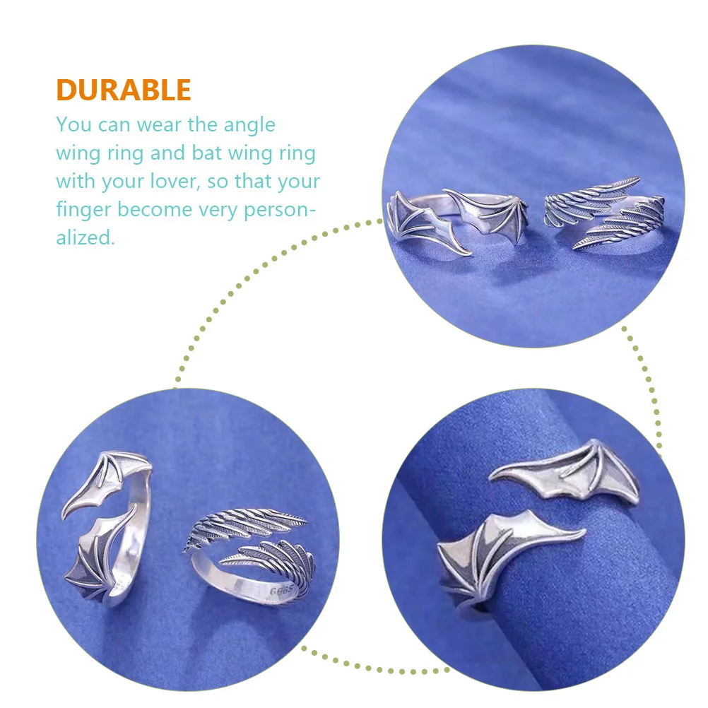 

2pcs Adjustable Open Ring For Couple Retro Angle Wing Bat Wing Finger Ring Jewelry Gift Under 5 Dollars Party Decoration