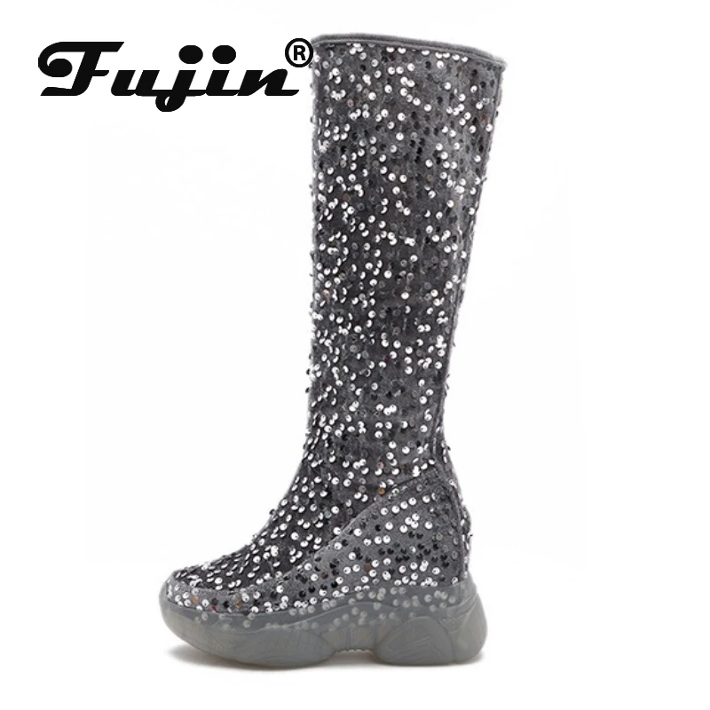 

Fujin 8cm Synthetic Women Boots Autumn Platform Wedge British Ankle Spring Synthetic Knee High Winter Plush Boots Leather Shoes