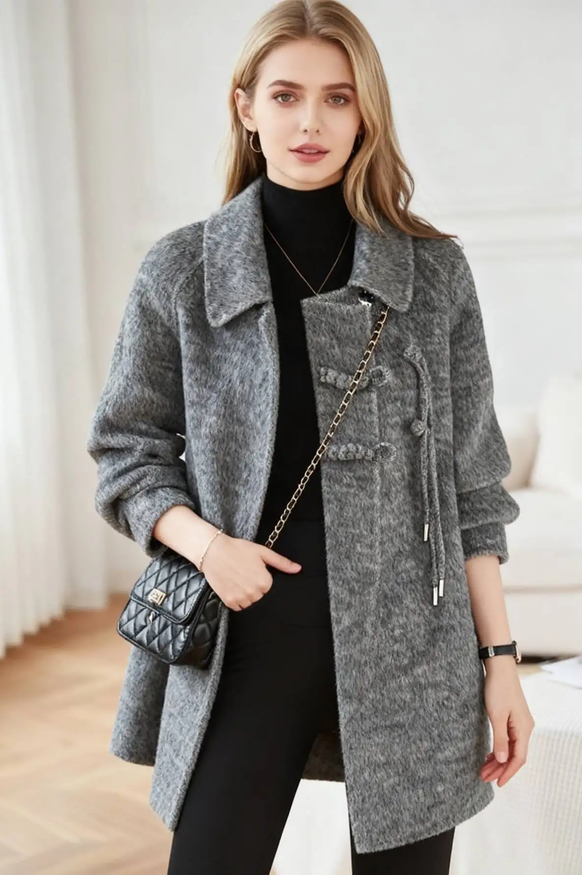 

Шерстяные пальто, женское шерстяное пальто, синее осеннее смешанное парчовое пальто с аппликациями, односторонняя застежка на рукавах с воздушным шаром, плиссированная туника в консервативном стиле