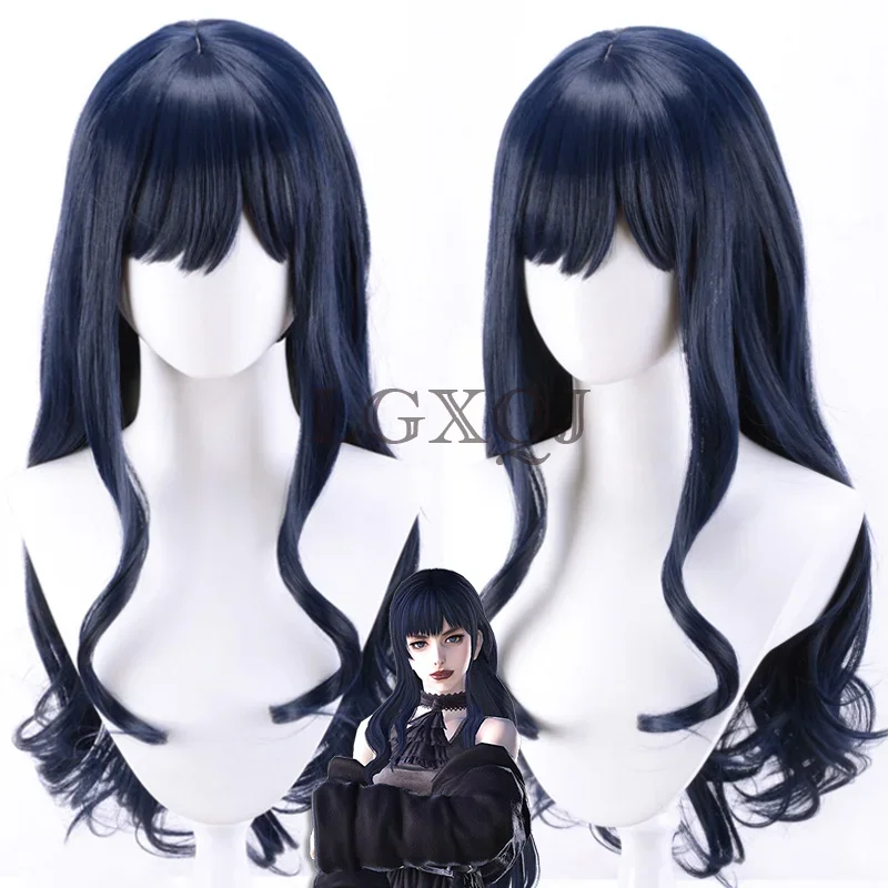 Gaia Cosplay FFXIV Final Fantasy XIV 14 Cosplay FF14 Gaia Wig 80cm Long Dark Blue Curly Heat Resistant Party Wigs + Free Wig Cap