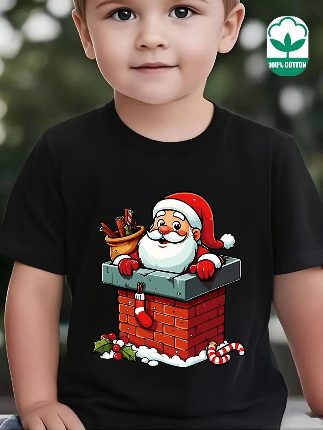 Cute Santa Claus In Chimney Christmas Print Family Matching T Shirt Boys Girls Short Sleeve Parent Child Soft Cotton Casual Tops