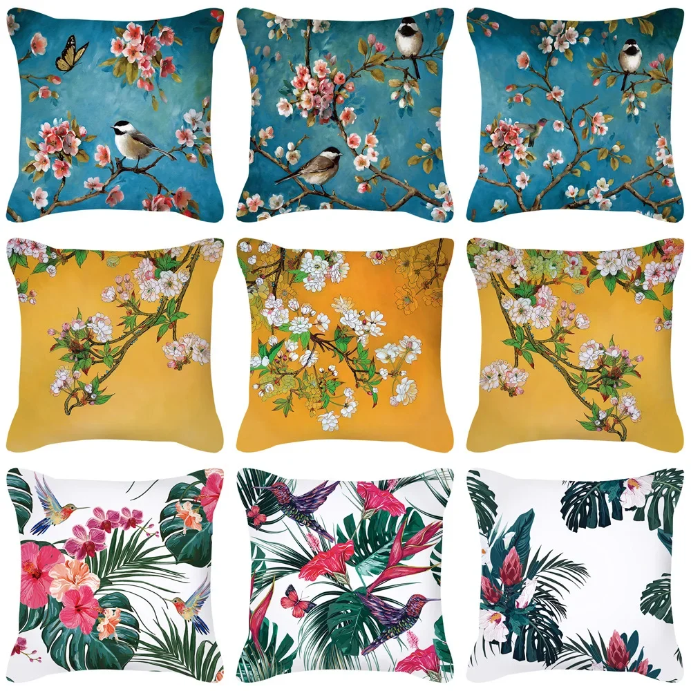 Plum Blossom Cushion Flamingo Bird Cherry Pillow Home Chair Sofa Decoration Yellow Pillowcase