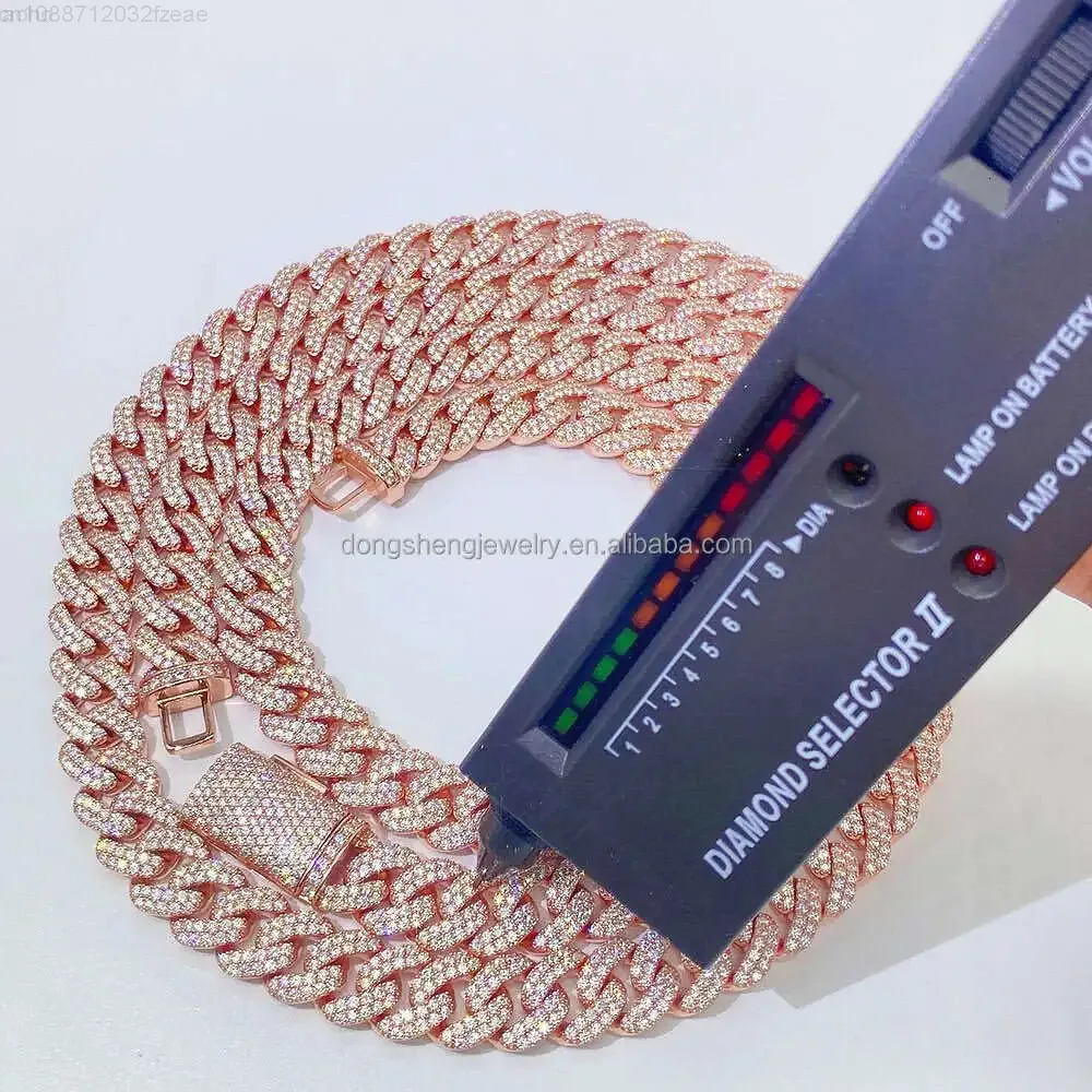 

Ювелирные изделия в стиле хип-хоп, ожерелье-репер, стерлинговое серебро 925 пробы, 13 мм, розовый Vvs, муассанит, кубинская цепочка