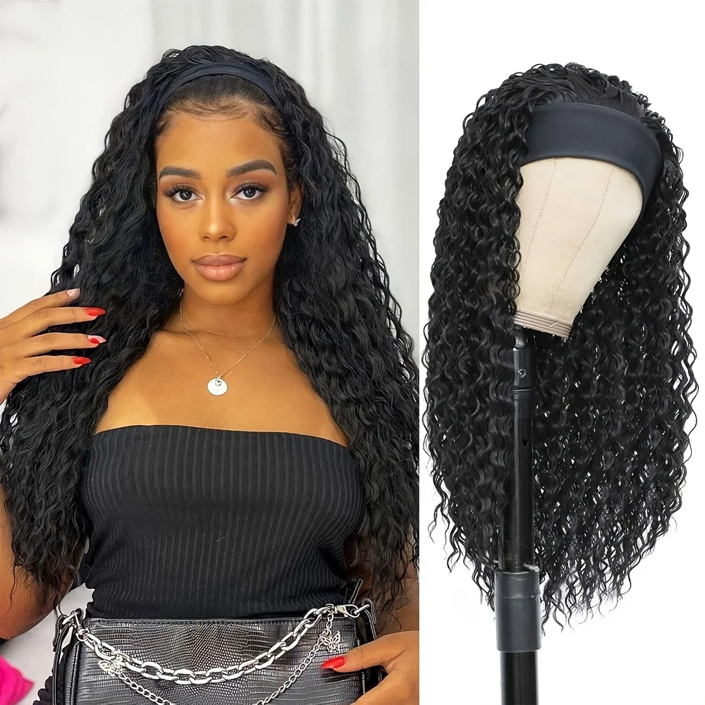Sixqueen Curly Headband Wig Long Curly 200% Density Headband Wigs for Women Glueless None Lace Front Deep Wave Wigs Wear and Go